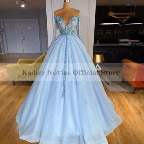 Long Sleeves Ball Gown Blue Evening Dresses 2021 V Neck Prom Party Dress vestidos de noche