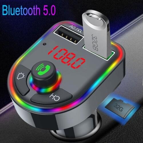 JINSERTA Car Mp3 Player Bluetooth 5.0 FM Trasmitter Handsfree Modulator 7-color Atmosphere Light 4.1A Dual USB Charger