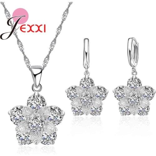 Brand Jewelry Sets For Women Real 925 Sterling Silver Flower Crystal Engagement Party Link Chain Necklace Earrings Set