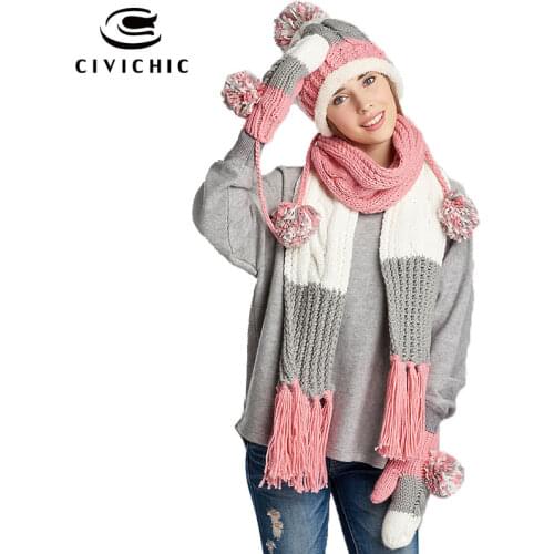 CIVICHIC Stylish Girl Gift Winter Colorful Knit Hat Scarf Glove 3 Piece Thicken Headwear Lady Tassel Shawl Pompon Beanies SH146