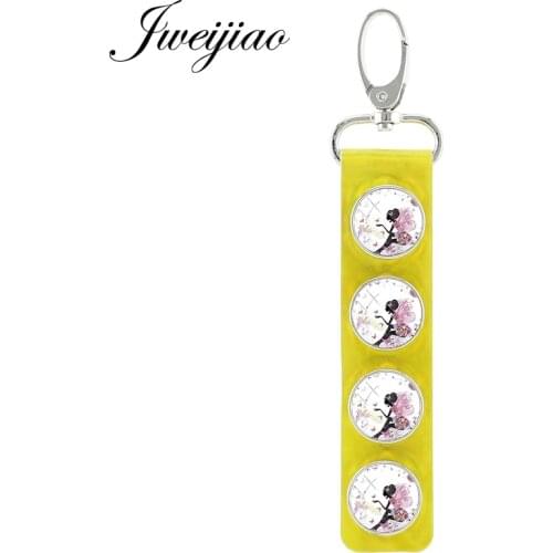 JWEIJIAO Pretty Charm Girl Buttwefly Yellow Leather Keychain Pendant Snap Button Key Ring Chains Round Glass Birthday Gift BG01