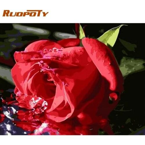 RUOPOTY Picture By Numbers 60x75cm Frame Red Rose Flower Painting By Number HandPainted Home Living Room Wall Decor Arts