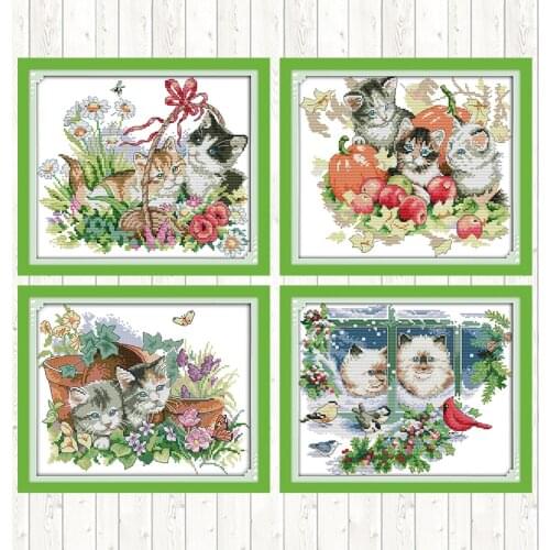 Four Seasons Cats Series Cross Stitch Patterns Printed Paintings 14CT 11CT Counted DIY Handmade Embroidery Needlework Kit Crafts