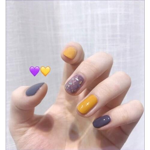 Beautiful shining purple and yello hit pure color false nails french 24pcs bride cute fake nails Ins lady full nail tips
