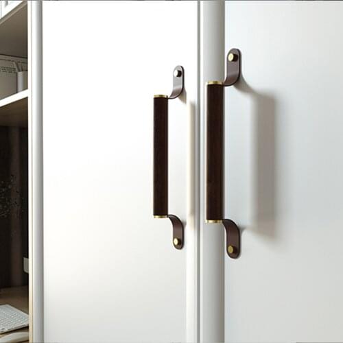 MFYS Walnut Brass Cabinet Hardware Nordic Wardrobe Door Knob Light Luxury High-end Drawer Closet Handle Furniture Cowhide Pulls