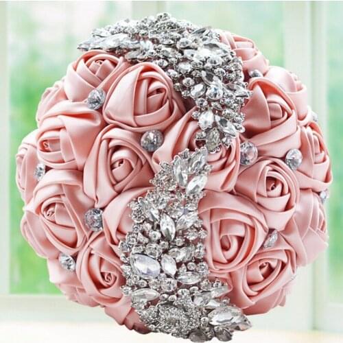 2021 Delicate Coral Crystal Silk Rose Flowers Wedding Bouquet Silk Bridal Bouquets Cheap Free Shipping
