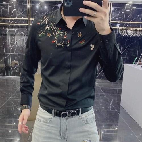 2021 Autumn New Mens Casual Long-sleeved Embroidery Printed Shirt Trend Brand Fashion Formal Shirts For Men Camiseta Masculina