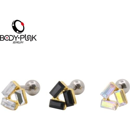 BODY PUNK Rectangle Clear Black Drill Stainless Steel Ear Nail Popular Accessories 1.2mm*8mm 1 Plug Tunnel Jewelry Ear Bone Nail