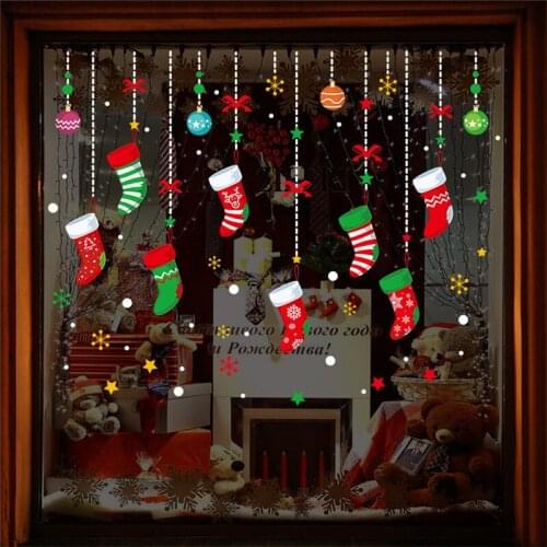 Christmas Stocking Snowflakes Star Balls Pendant Wall Stickers For Store Home Decor Poster Diy Xmas Festival Window Decals