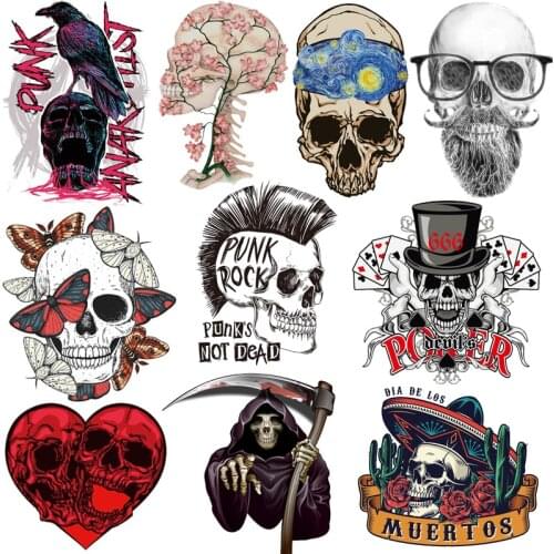 Terror Skull Iron on Transfer Patches for Clothing Vinyl Heat Transfer Thermal Stickers on Clothes Hippie Grim Reaper Appliques