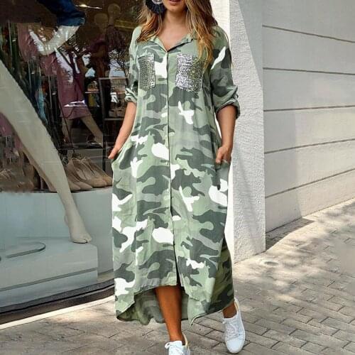 Spring Fashion Camouflage Print Sequins Pocket Design Half Sleeve Summer Maxi Shirt Dresses for Women Casual Vestidos De Mujer