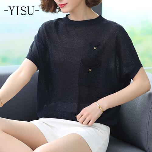 YISU 2021 women clothing O-Neck Pocket Bat sleeve Short sleeve Sweater Summer TopS Loose Thin Femalet Knitted Jumper