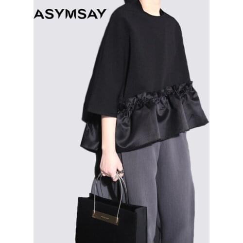 Womens new loose big size ruffles stitching blouse asymmetrical hem pleated flounced shirt tops women one size