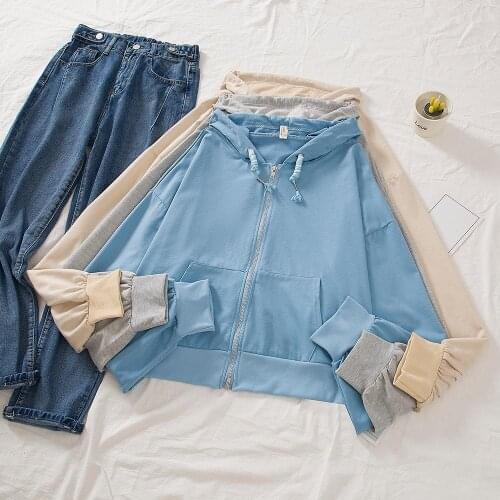 Women Cropped Hoodies Korean Sweatshirts Streetwear Solid Long Sleeve Zipper Pocket Hooded Sweatshirt Tops Fall Women Clothing