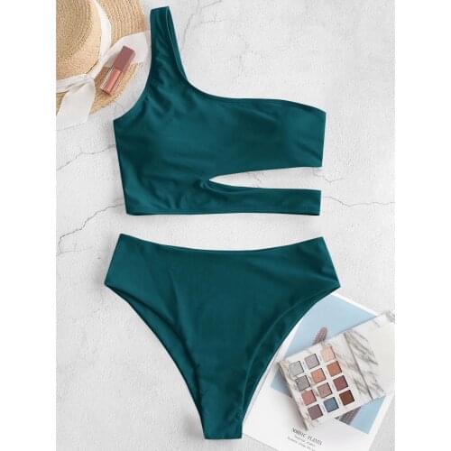 Women One Shoulder Bikini Swimwear Solid Color Two Pieces Padded Bra Brief Bathing Suit Bikini Swimsuit Sexy Summer Swimwear