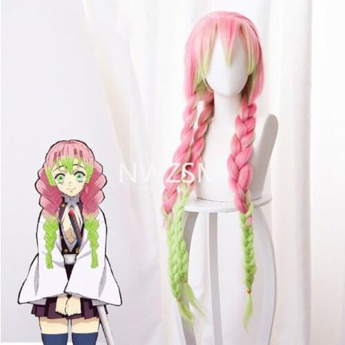 Kanroji Mitsuri Anime Demon Slayer: Kimetsu No Yaiba Women Cosplay Wig Green Pink Colorful Hair Braids Hair