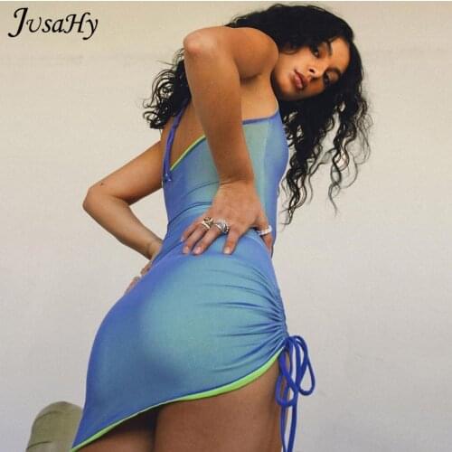 Jusahy Solid Color Bodycorn Dress Drawstring Women Strap Sleeveless Halter Club 2021 Summer Sexy Mini Dresses