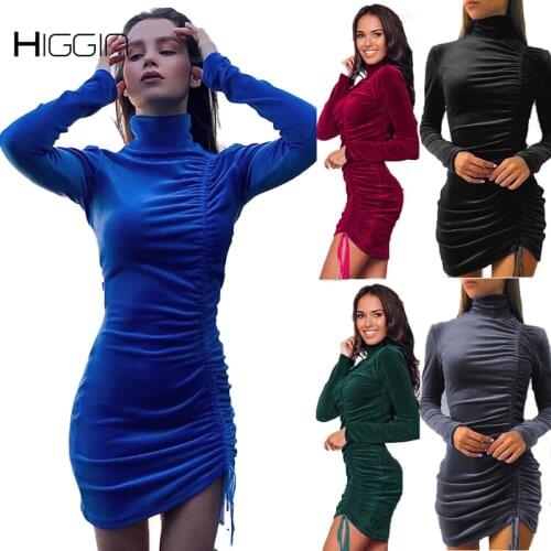 3XL Velvet Tureleneck Short Dress Autumn Winter Long Sleeve Women Drawstring Sexy Slim Dress Plus Size Female Package Hip Dress