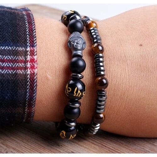 2pcs/set Fashion black Stone Bead Hematite Buddha Bracelet Sets Men Charm bracelets & bangles Handmade Men Wristband Jewelry