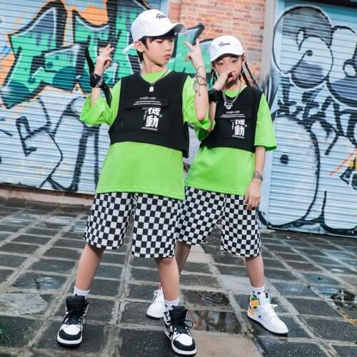 Kids Hip Hop Clothes Loose Short Sleeved Cargo Pants Children Jazz Dance Costumes Ballroom Hiphop Dance Wear Rave Outfits DN9410