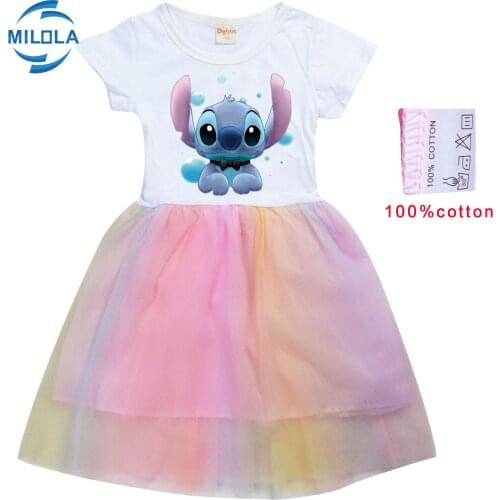 Disney Summer Stitch Girl Cotton Dress Lace Princess Dress Children Toddler Girl Home Party Casual Halloween Clothes Dresses