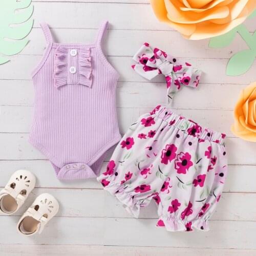 Baby Girl Clothes Newborn Infant Purple Sets Ruffle Floral Ribbed Romper Shorts Outfits Set 0-18 Months Vestidos De Verano Ropa