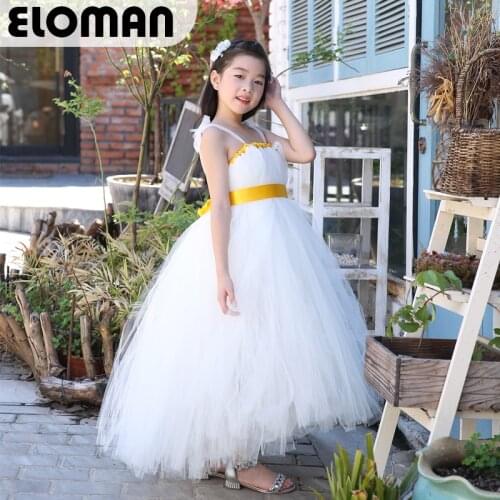 Eloman white flower girl tutu dress for wedding and event handmade long dresses for girls birthday party to be angel princess