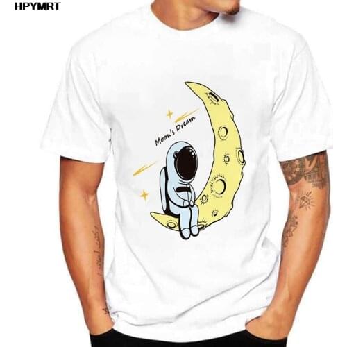 Astronaut landing on the moon Print T-Shirt Fashion Harajuku Cartoon Graphics T Shirt Short Sleeve O-neck Tops Male Tee Clothes