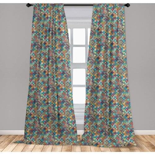 Blue Cream Bohemian Window Curtains Geometric Pattern with Ornamental Floral Folk Lightweight Decorative