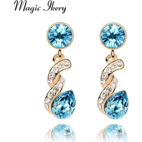 Magic Ikery 2016 Gold Color Crystal korean Fashion Jewelry Blue Water drop earrings jewelry earrings for women MK00184