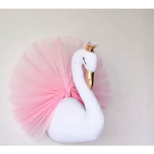 Cute 3D Golden Crown Swan Wall Art Hanging Girl Swan Doll Stuffed Toy Animal Head Wall Decor For Kids Room Birthday Wedding Gift