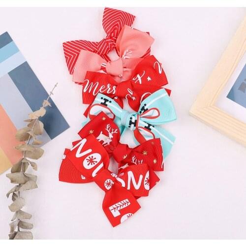 Sweet Christmas Style Printing Bow Hair Clip For Kids Girls Bowknot Hairpins Baby Barrettes Boutique Headwear Hair Accessories