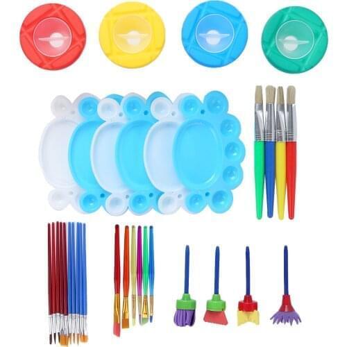34Pcs Painting Tool Kits Kids Gifts School Prizes DIY Art Paint Supplies Paint Cups with Lids Palette Tray Paint Pen Brushes Set