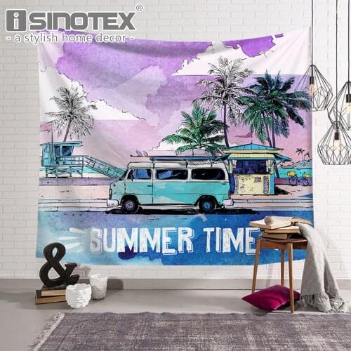 Sunset Coastal Scenery Wall Hanging Tapestry Surfboard Decor Blanket Beach Palm Coconut Tree Bus Printed Towel Decor