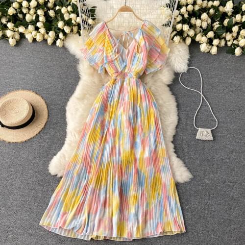 LUKAXSIKAX 2021 New Summer ins Sweet Vacation Dress Fashion Designer Gradient tie-dye Pleated Chiffon Long Dress