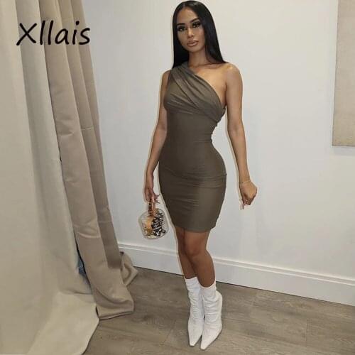 XLLAIS 2020 New Style Summer Cotton Spandex Sleeveless One-Shoulder Sheath Dropped Sexy And Club Women Mini-Dresses