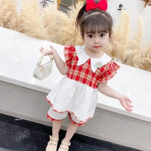 Baby Girls' summer Lapel T-shirt Childrens Plaid Short Sleeve Princess Skirt Set Birthday Party Clothes