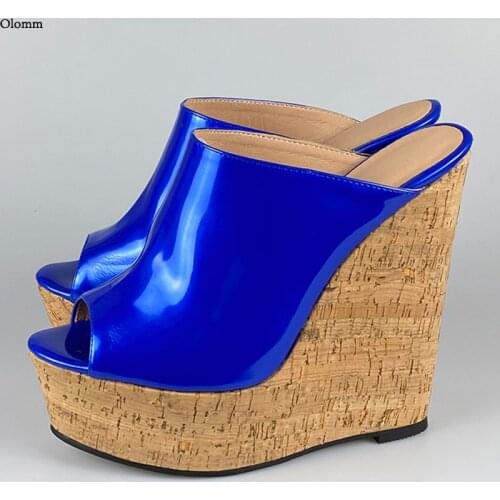 Olomm Women Platform Mules Sandals Wedges High Heel Sandals Open Toe Gorgeous Metallic Blue Dress Shoes Women US Plus Size 5-20