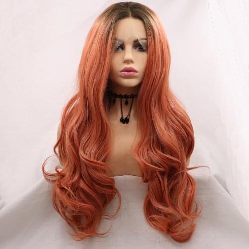 Wigs Ash Red Orange Long Body Wave Wig with Brown Roots Synthetic Lace Front Wig 150%-180% Density with Heat Resistant Fiber
