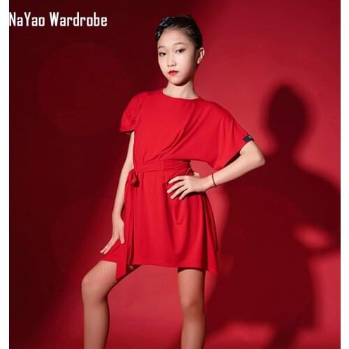 2021 New G1031 Kids Latin Dance Dress O Neck Short Sleeve With Belt Girl Latin Dancing Cloth Stage Ballroom Dancewear