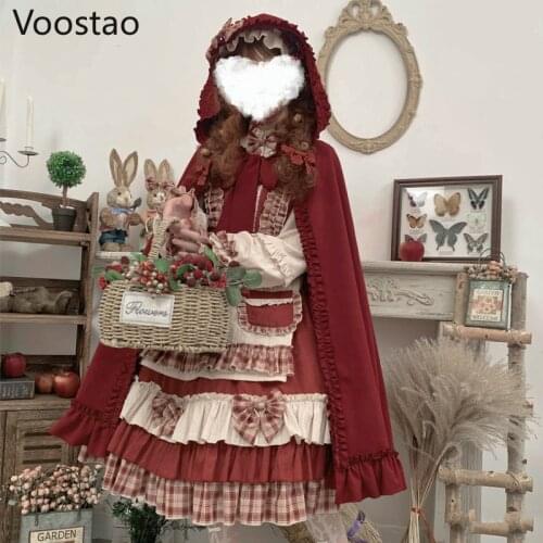 Japanese Harajuku Sweet Lolita OP Dress Girly Cute Berry Forest Bowknot Princess Dress Women Red Hooded Cloak Tea Party Dresses