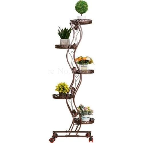 Flower racks wrought iron multi-layer mobile pulleys space flower stand balcony living room floor flower pot rack with brake