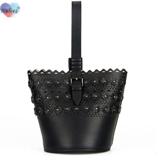 Bag women bucket genuine leather elegant handbag carve flower decorated graceful lady