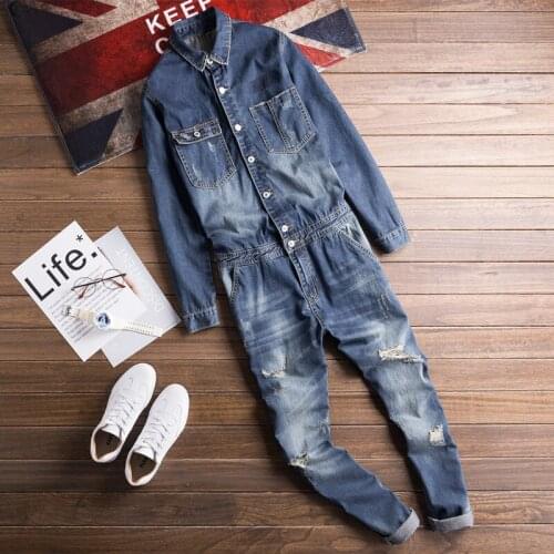 Spring trendy Male Siamese Denim jacket suit Japanese Retro Locomotive Tooling Jumpsuit Slim Korean hip-hop jumpsuit