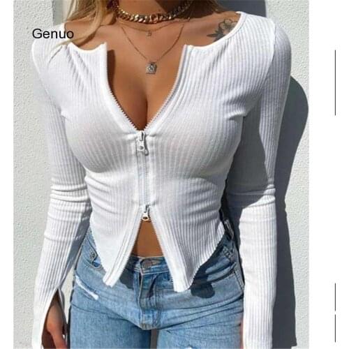 Women T-shirt Spring Autumn Clothes Ribbed Knitted Long Sleeve Crop Tops Zipper Design Tee Sexy Female Slim Black White Tops