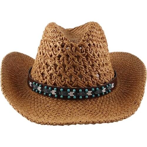 Fashion Hollow Western Cowboy Hat Crimping Sun Visor Cap Women Hand Made Straw Outdoor Wide Brim Summer Beach Travel Hats
