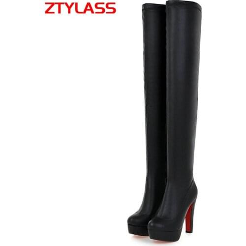 2021 Platform Women Boots Stertch Pu Leather Over The Knee Boots Fashion Square High Heel Long Boots Autumn Winter Zip Shoes
