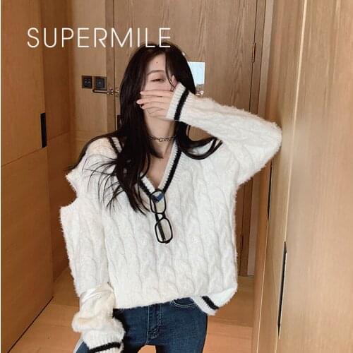 2021 New Hollow-out Full Sleeve Pullover Jumper Women V-Neck Knitted Oversize JK Korean Preppy Sweater White Black Grey Tops