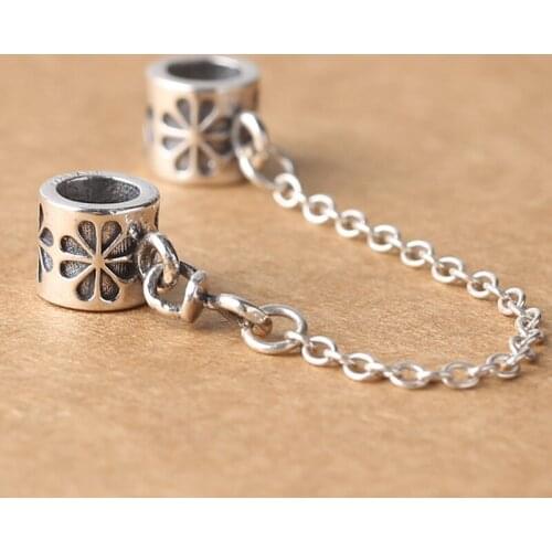 S925 Sterling Silver DIY Accessories Womens Bracelet Carving Flowers Double Ring Link Loose Hand String Beads