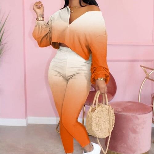 2020 New Women Gradient Two Piece Clothes Sets Fitness Long Sleeve V neck Top + Shorts 2Pcs Fall Autumn Sportwear